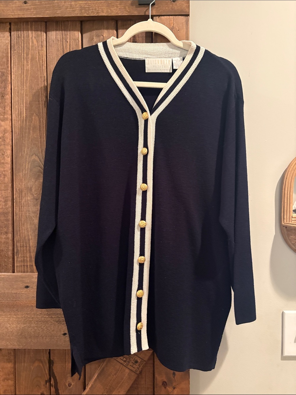 Liz Claiborne Navy Cardigan with Cream Trim and Gold Buttons